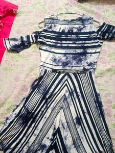 Blue &amp; White Cold Shoulder Dress