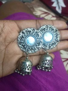 Silver Jhumka Earrings with Mirrors