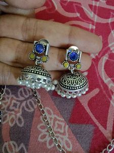 Oxidized Multicolor Stone Jhumka &amp; Necklace Set