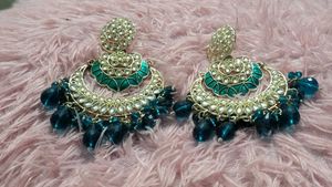 Teal Beaded Crescent Earrings