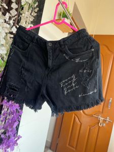 Distressed Black Denim Shorts