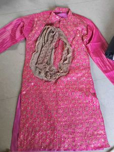 Pink Embroidered Kurta Set For Men