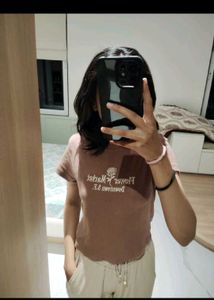 Brown Graphic Ribbed Crop Top –Flower Market Print