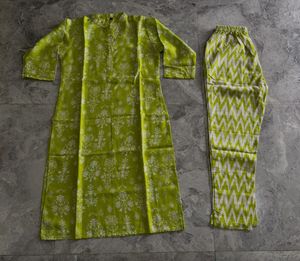Vibrant Fluorescent Green Printed Cotton Kurta Set
