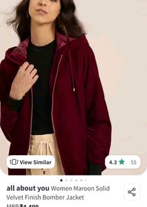Maroon Velvet Zip-Up Bomber Jacket