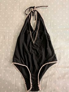 Black halter swimsuit w/crochet detail