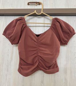 Peach Ruched Puff Sleeve Top
