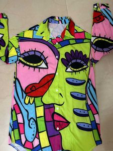 Abstract Face Print Button-Down Shirt