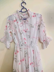 Beautiful Floral Printed White Korean Style Dress