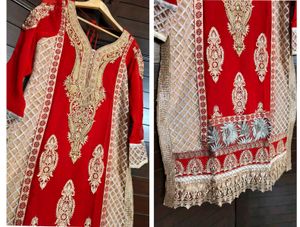 Partywear Women Red Fully Embroidered Suit Set