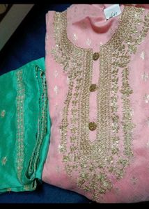 pink &amp; green embroidery dress material