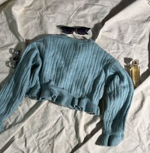 Cute Blue Ruffle Hem Sweater