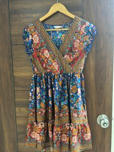 Blue & Red Floral Mini Fit And Flare Dress