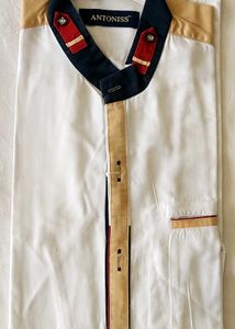 Chinese Collar White Beige Blue Shirt