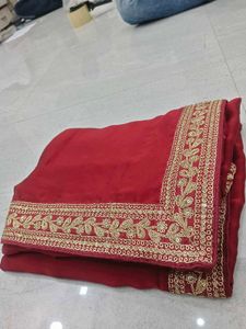 Elegant Red Saree with Lace Work