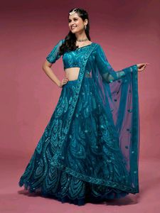 Teal - Net Embroidered Floral Sequins Semi-Stitche