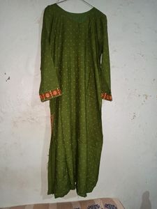 Women Olive Green Embroidered Kurti