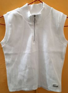 White Zip-Up Sleeveless Rib Knitted Tank Top
