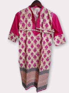 Pink and Gold Printed Kurta with 3/4 Sleeves Women