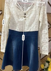 💙🤍 Chic Lace &amp; Denim Skater Dress – Size M – Tre