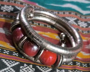 Red Beaded Silver Bracelet