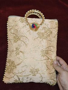 Elegant Gold Embroidered Party Wear Potli Handbag