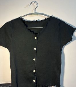 Black Ribbed Button-Down Top