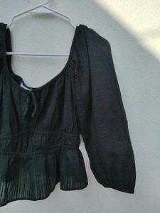 Women Cotton Black Striped Seersucker Bardot Top