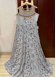 Grey New Like Printed Embroidered Ethnic Gown