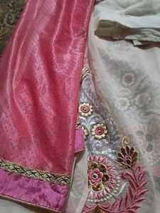 White Pink Grand Embroidery Work Saree