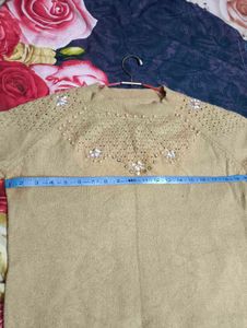 Women Beige Embellished Knit Sweater – Size L