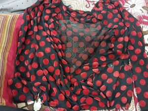 Brand New Sheer Black Top with Red Polka Dots