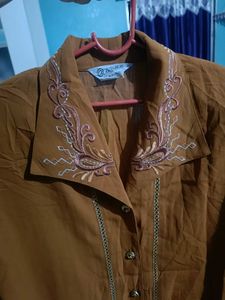 Vintage Brown Embroidered Button-Down Shirt