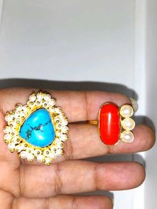 Coral and Turquoise Gemstone Rings(Set of 2)