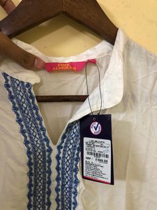 White Kurta With Blue Embroidery