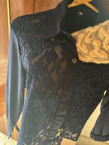 Lace Front Midnight Blue Button Down Blouse