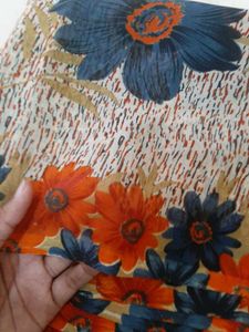 72)New Orange Blue Printed Saree