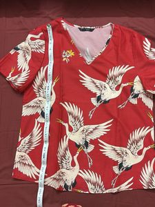 Red Crane Print Top
