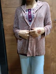 Mauve Leaf Patterned Open Front Jacket