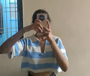 Urbanic V Neck Checked White Blue Crop Top