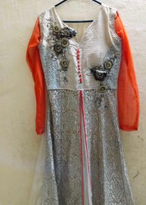 Elegant Silver Embroidered Net Gown Formal Dress