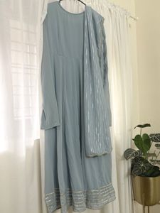 Elegant Grey flared Anarkali Kurta with Duppata