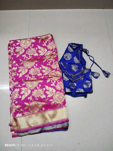Pink &amp; Blue Floral Saree And  Blouse