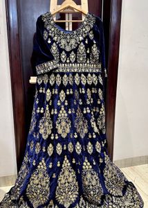 Elegant Blue Embroidered Velvet Gown
