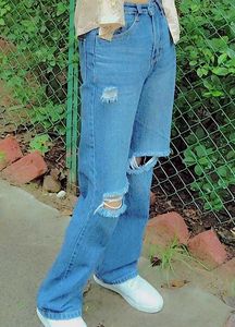 Straight Fit Distressed Blue Denim Jeans For Women