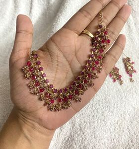 Gold Plated Party Wear Pink Necklace Set For Women