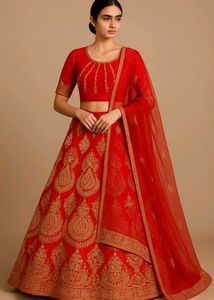 Coral  &amp; Gold Embroidered Unstitched Lehnga Set