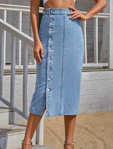 Denim Button-Down Midi Skirt