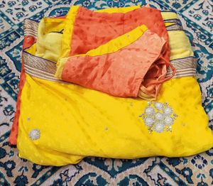 Yellow Sari with Gold Leaf Design