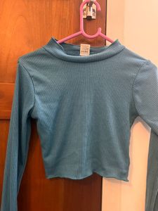 Teal Ribbed Full Sleeve Crop Top - XS